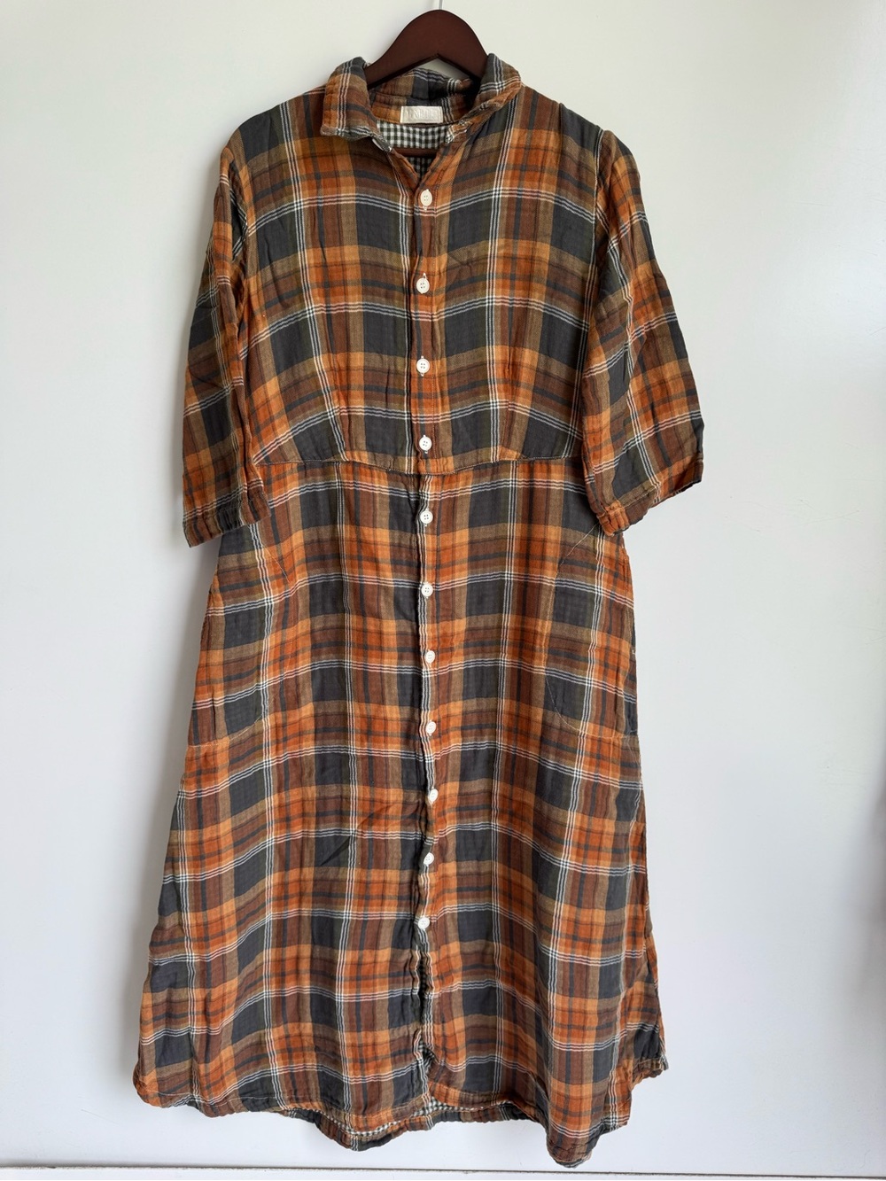 CP Shades Double Gauze Cotton Maxi Dress Button Down XS Women Cottagecore Plaid
